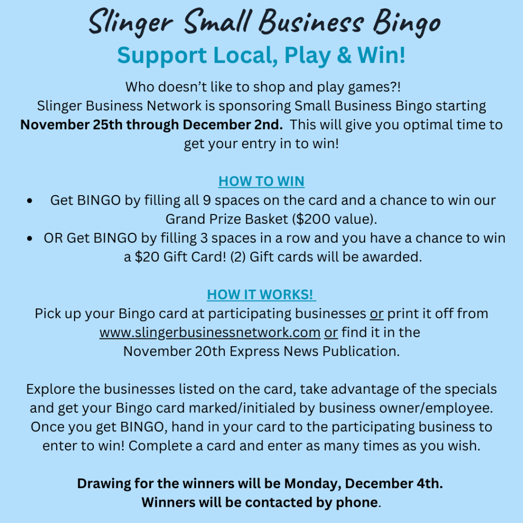 Rules, Instructions, Details, Small Business Saturday, Slinger, Bingo, Game, Prizes